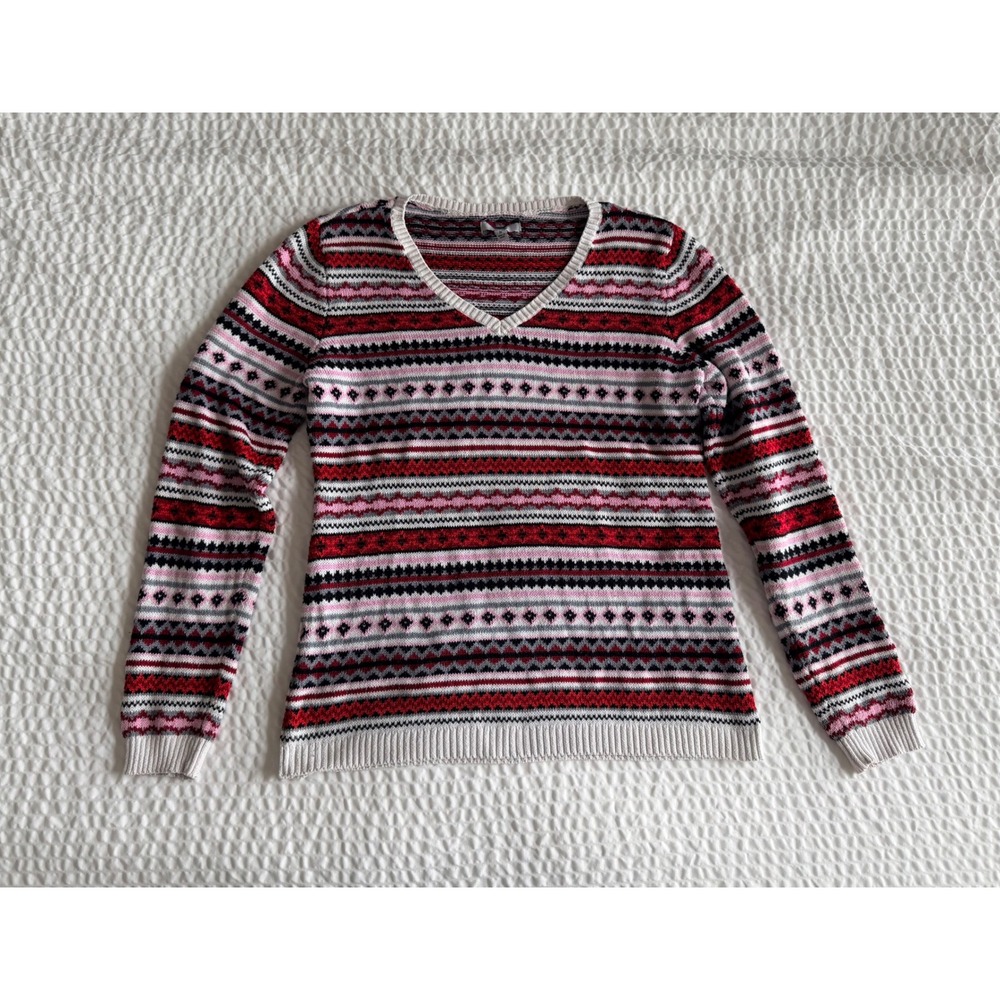 Croft & Barrow Fair Isle Nordic Sweater Women's M Red Pink V Neck